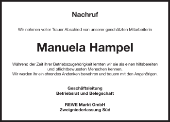 Traueranzeige von Manuela Hampel von Pegnitz-Zeitung